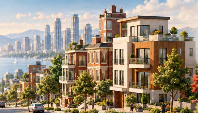 Sunlit coastal neighborhood with brick townhouses, modern homes, tree-lined streets, and a distant waterfront skyline.